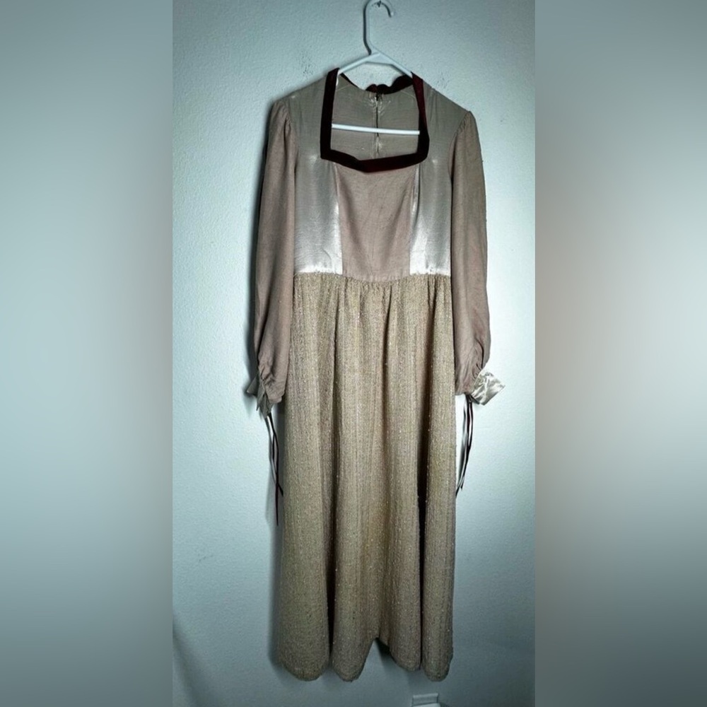Rare Vintage Amish Cottagecore Handmade Dress Back Zip Tan Pink Size M See Notes